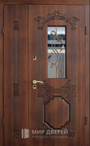 Тёплая дверь двухстворчатая металлическая с ковкой и стеклом №26 - фото №1